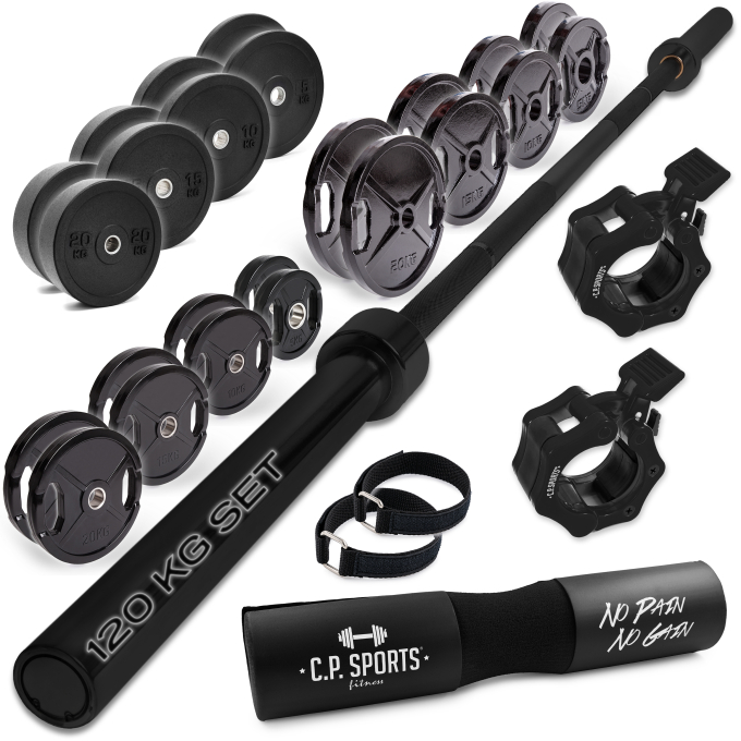 C.P. SPORTS 120kg BLACK EDITION Olympia Starter Set 50mm | 220cm/20kg Langhantel + Scheiben Paare 20kg/15kg/10kg/5kg – Guss/Gummiert /Vollgummi + Zubehör: Verschlüsse, Nackenpolster